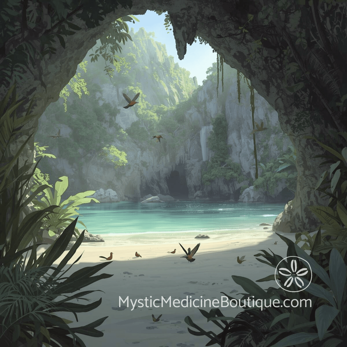Illustrated tropical cave opening onto a lush lagoon representing the dual perspective of nursing awareness and energy healing in empath protection