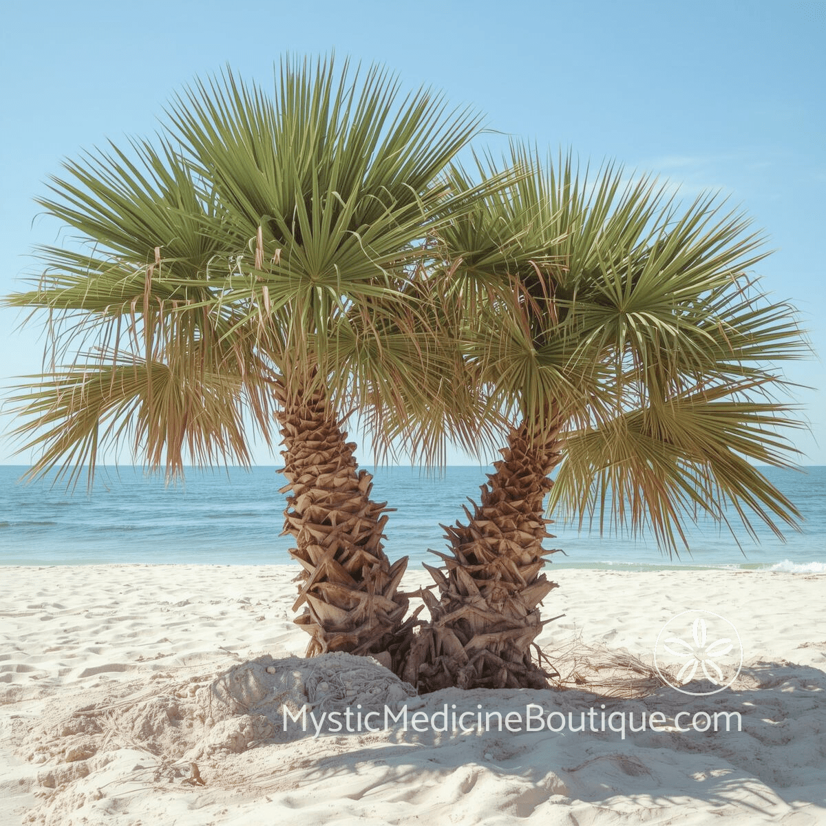 Two palm trees leaning together on white sand beach — empath relationships intimate partnership absorption identity and sustainable connection