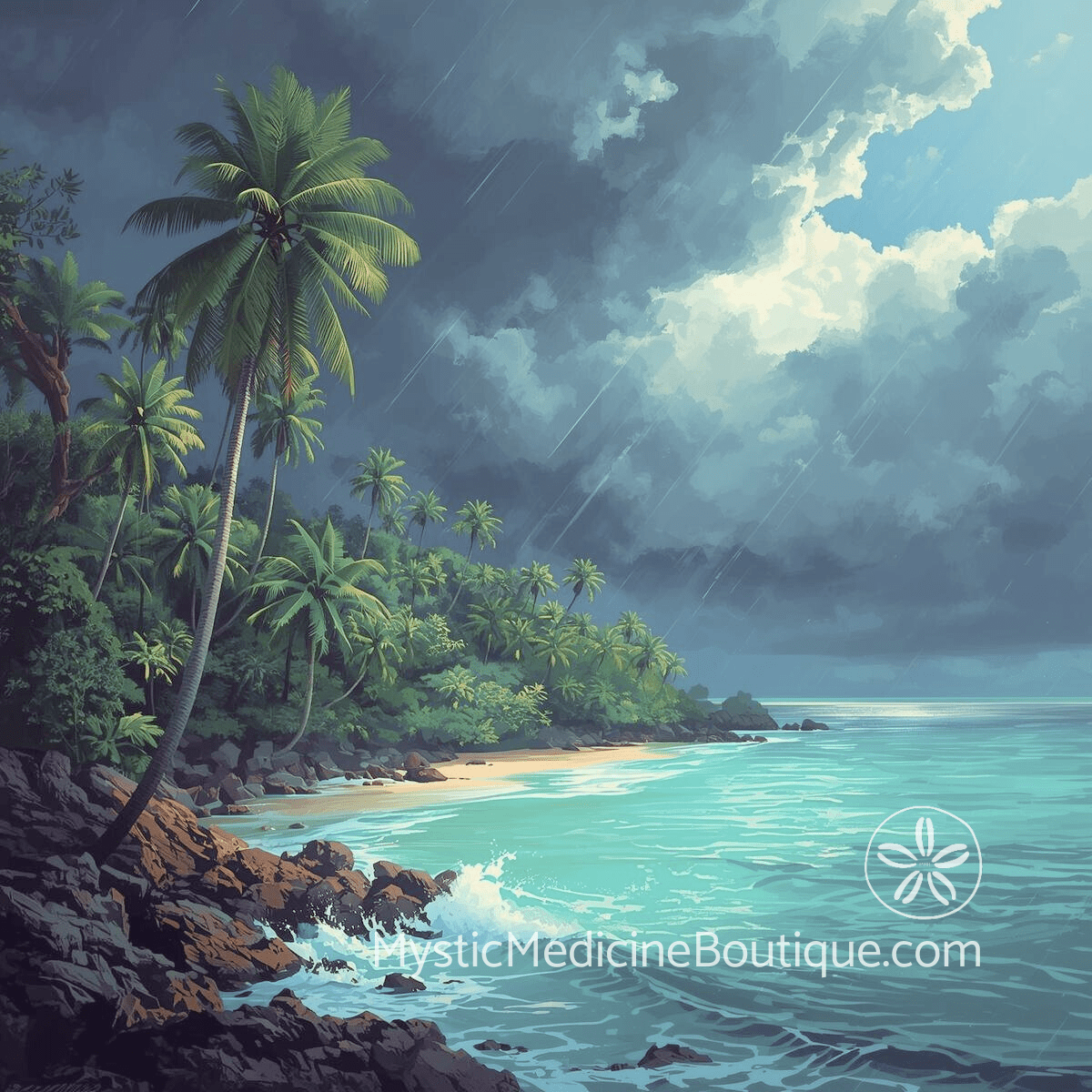 Illustrated dramatic stormy tropical beach with palm trees representing empath versus energy vampire dynamics
