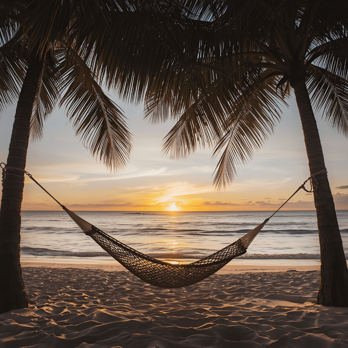 Empty hammock on tropical beach at golden sunset representing the identity void and stillness of empty nest spiritual emergency at midlife