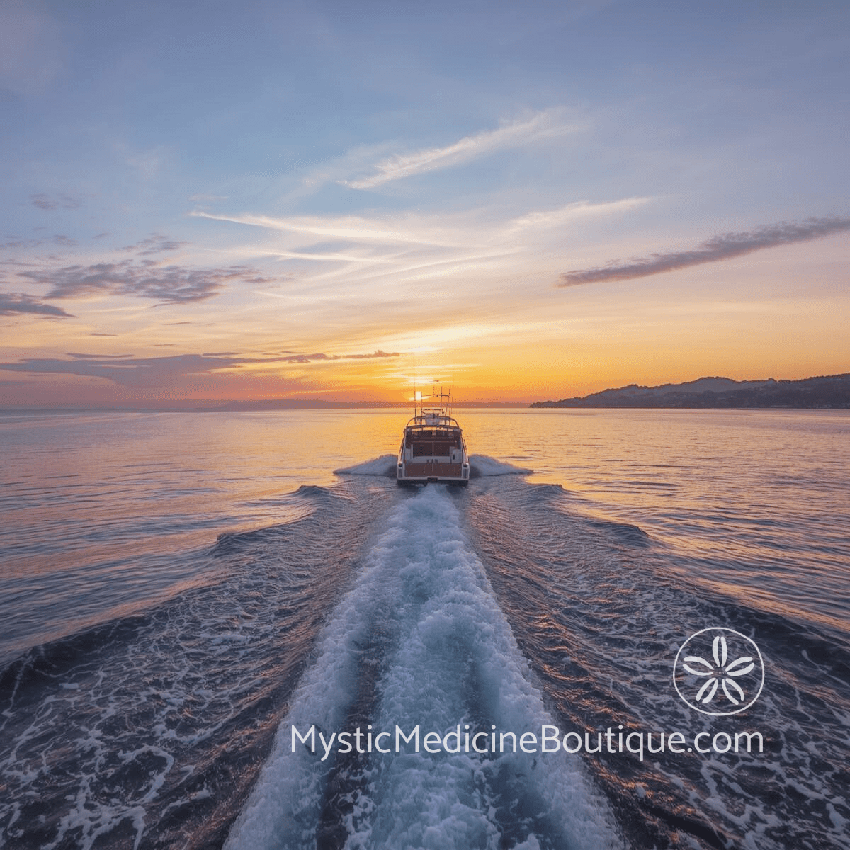 Boat moving away at sunset on calm water representing leaving an energy vampire relationship and moving forward