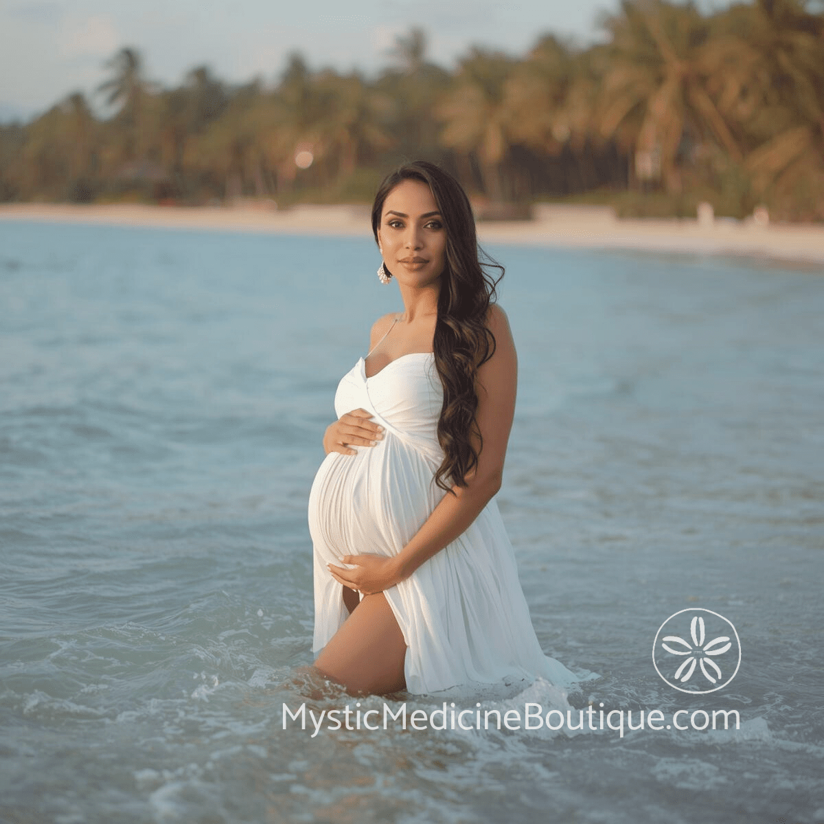 Pregnant woman in white dress standing in ocean water representing energy protection and sacred boundaries during pregnancy