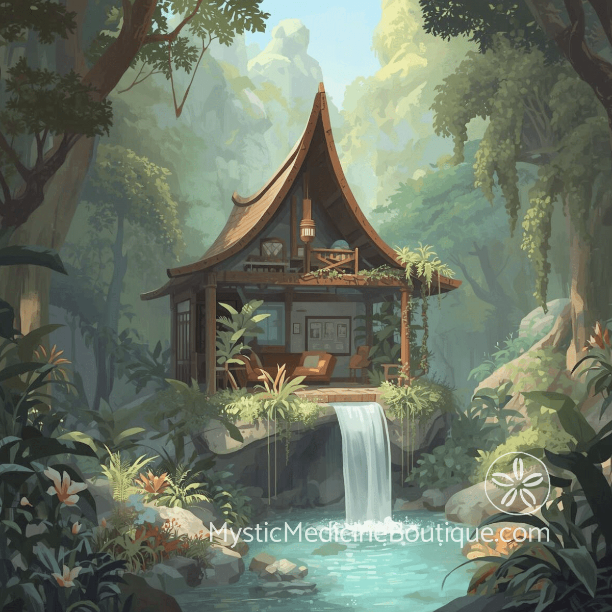 Illustrated forest sanctuary with waterfall representing refuge and restoration for sensitive people navigating daily energetic overwhelm