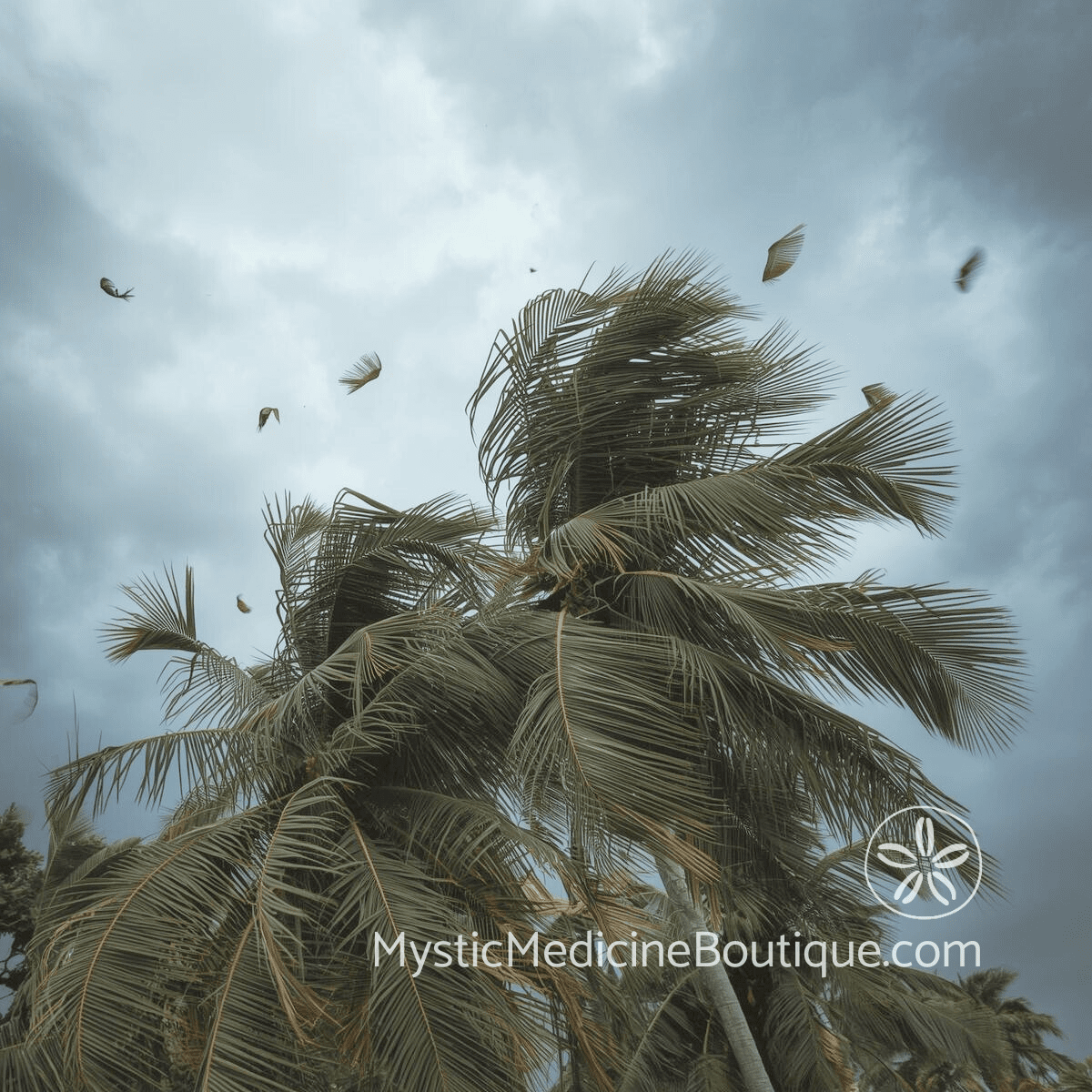 Palm tree bending in storm wind representing energetic strain and the need for protection during financial crisis
