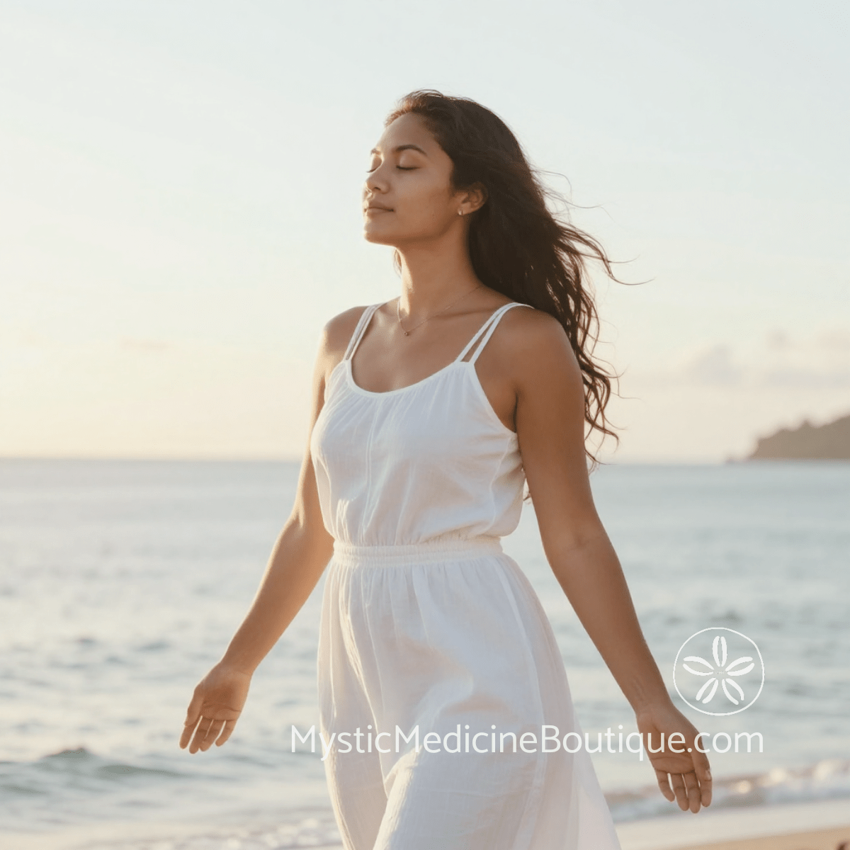 Woman practicing energy protection on beach at sunrise — spiritual burnout prevention techniques from an RN Reiki Master, Mystic Medicine Boutique