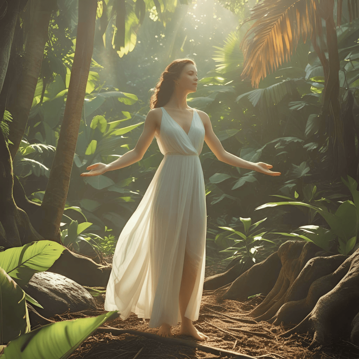 Woman in white dress standing in tropical jungle with arms open representing the awareness and openness of energy sensitivity as a natural gift