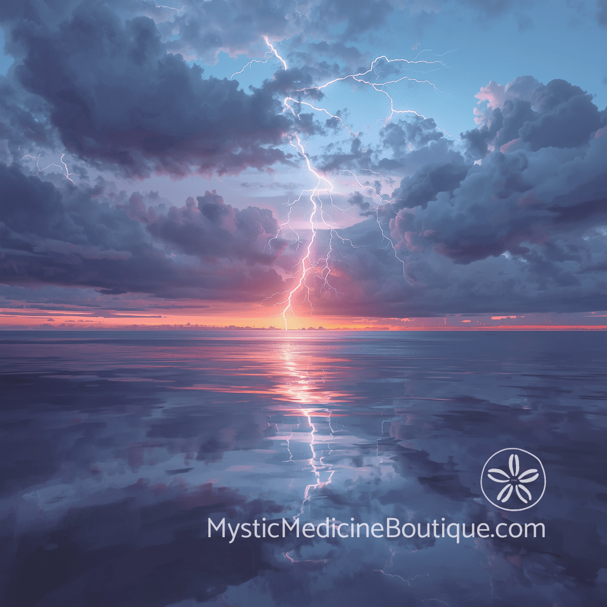 Lightning bolt striking calm ocean at sunset with reflection on still water — kundalini energy surges and kriyas meaning and what to do