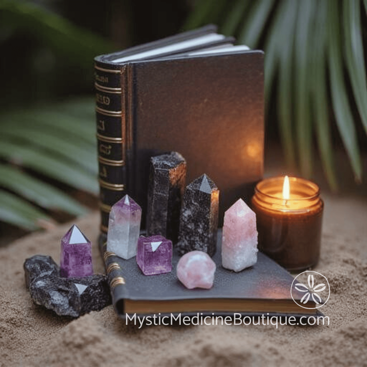 Crystals, candle and journal on sandy surface — energy vampire protection mastery system bundle RN Reiki Master