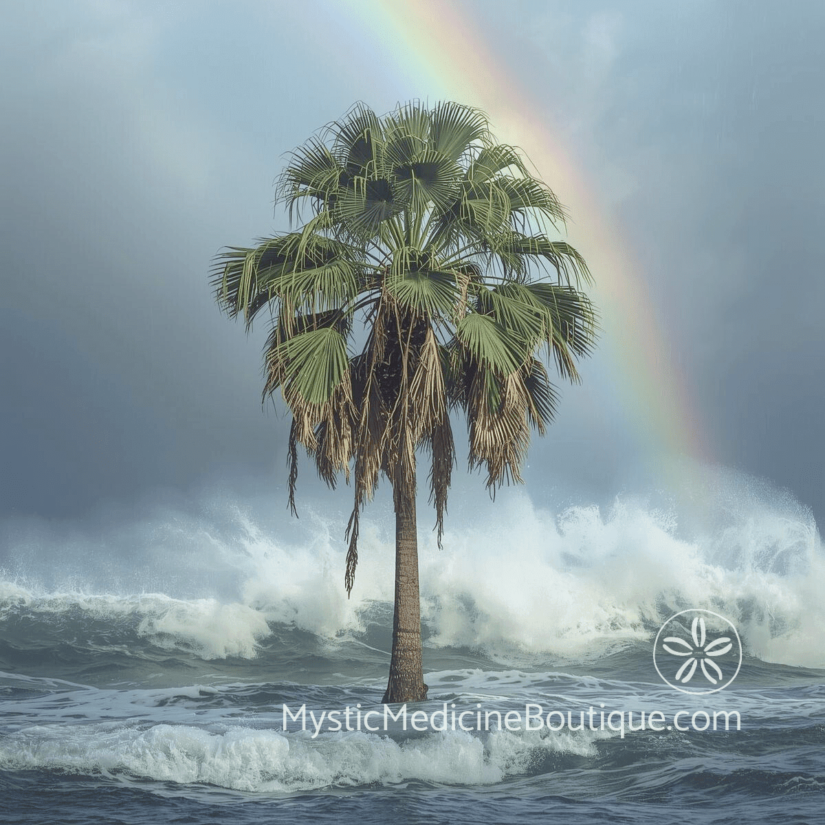Palm tree in storm with rainbow representing energy vampire protection during crisis and maintaining boundaries when most vulnerable