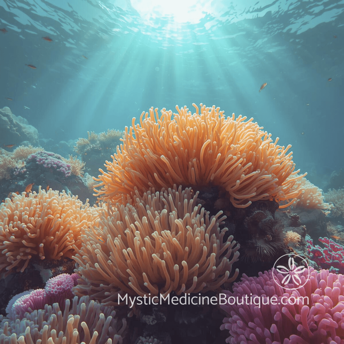 Underwater coral reef with orange anemones and light rays representing the layered approach of RN and Reiki Master energy vampire protection