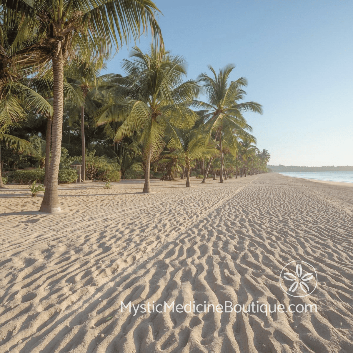 Tropical beach with palm trees and smooth sand representing energy vampire protection maintenance and sustained energetic stability.