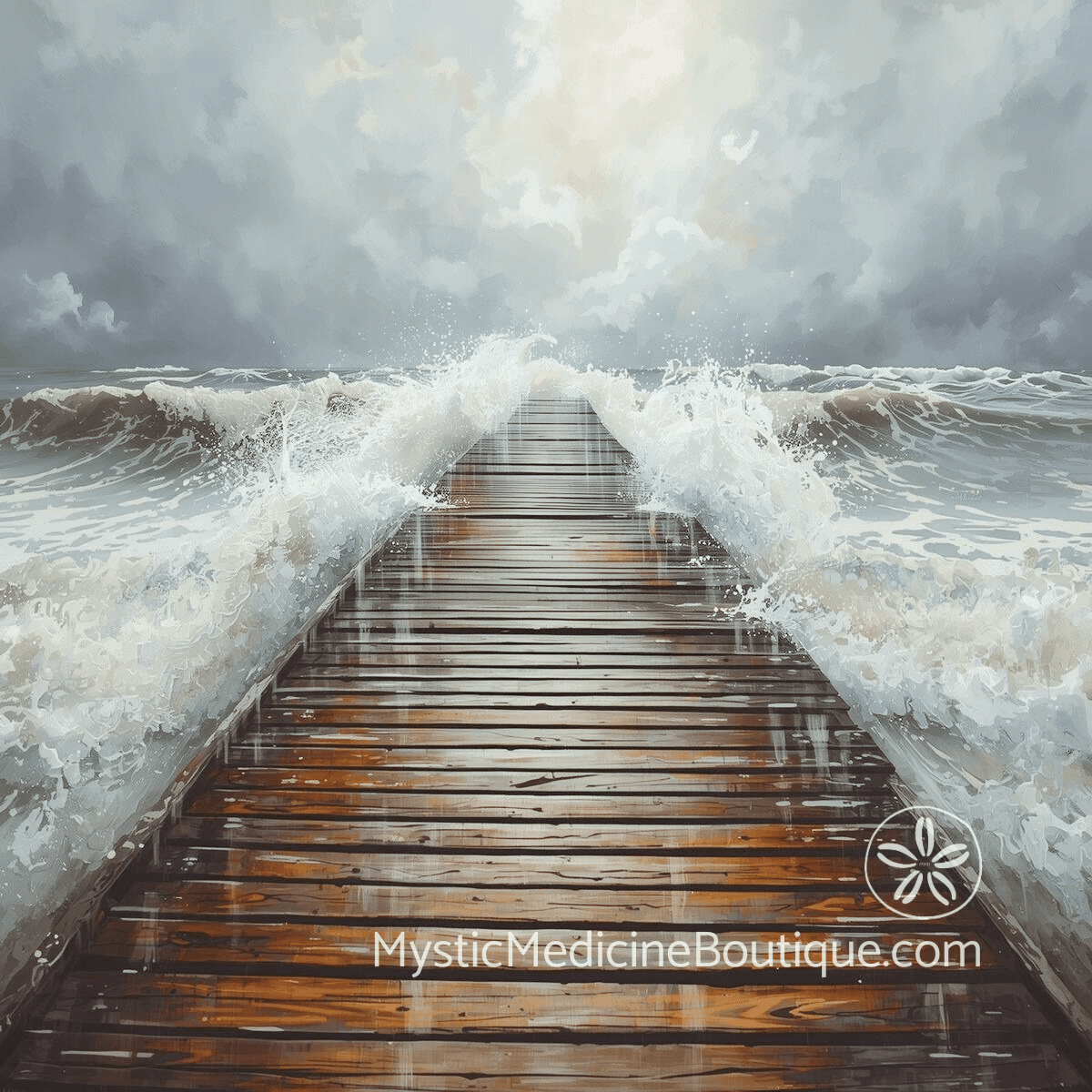 Wooden pier overwhelmed by storm waves representing vulnerability to energy vampires during times of personal crisis