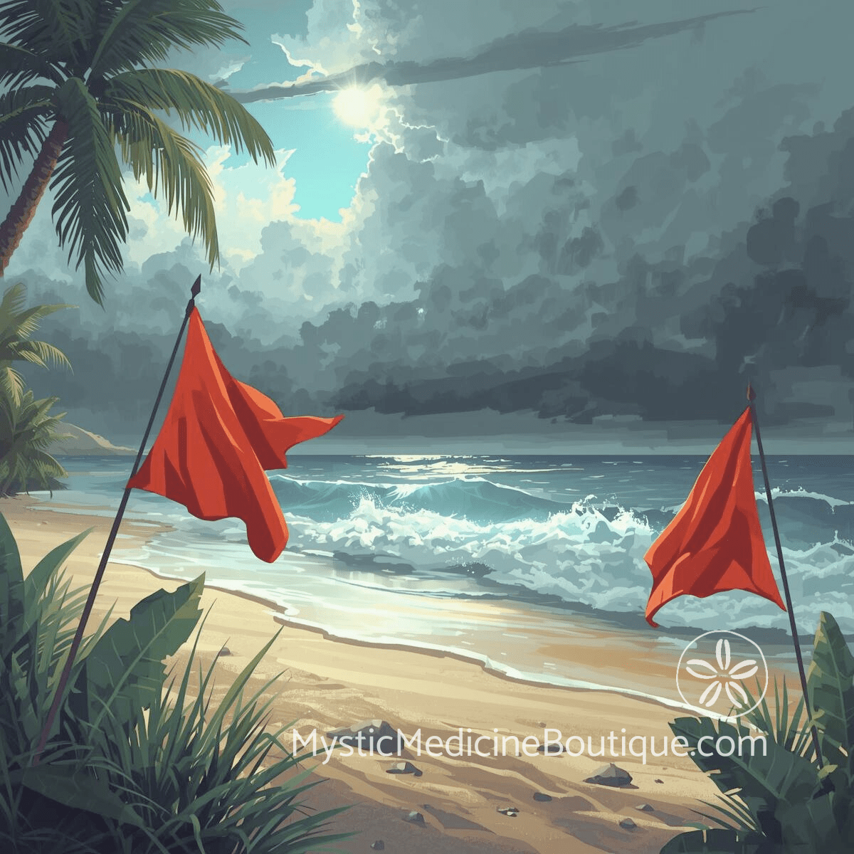 Red warning flags on stormy tropical beach representing energy vampire red flags and early warning signs