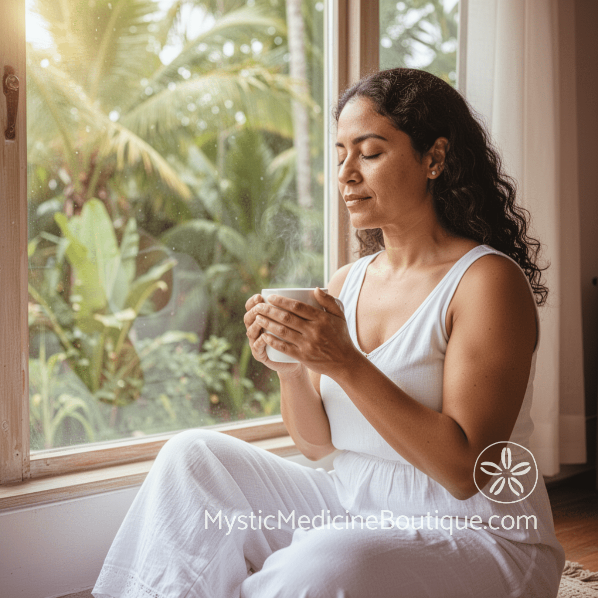Woman in white sitting at tropical window with tea — energy vampires at work daily protection RN Reiki Master explains