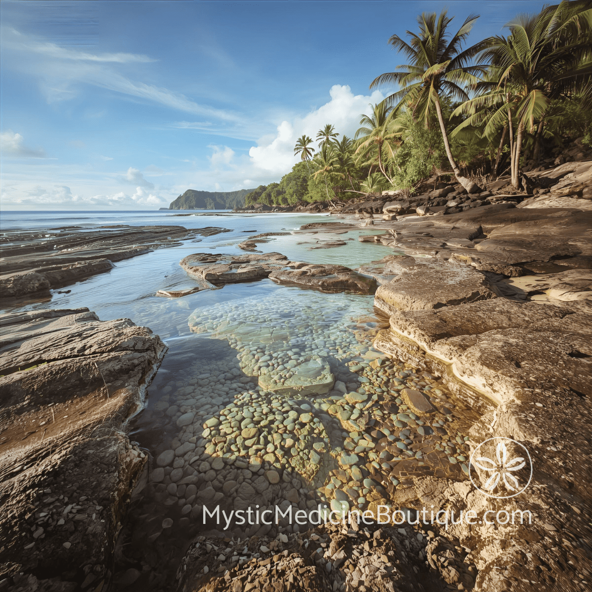 Rocky tropical coastline with clear tidal pools representing the integrated RN and Reiki Master perspective on entrepreneur spiritual emergency