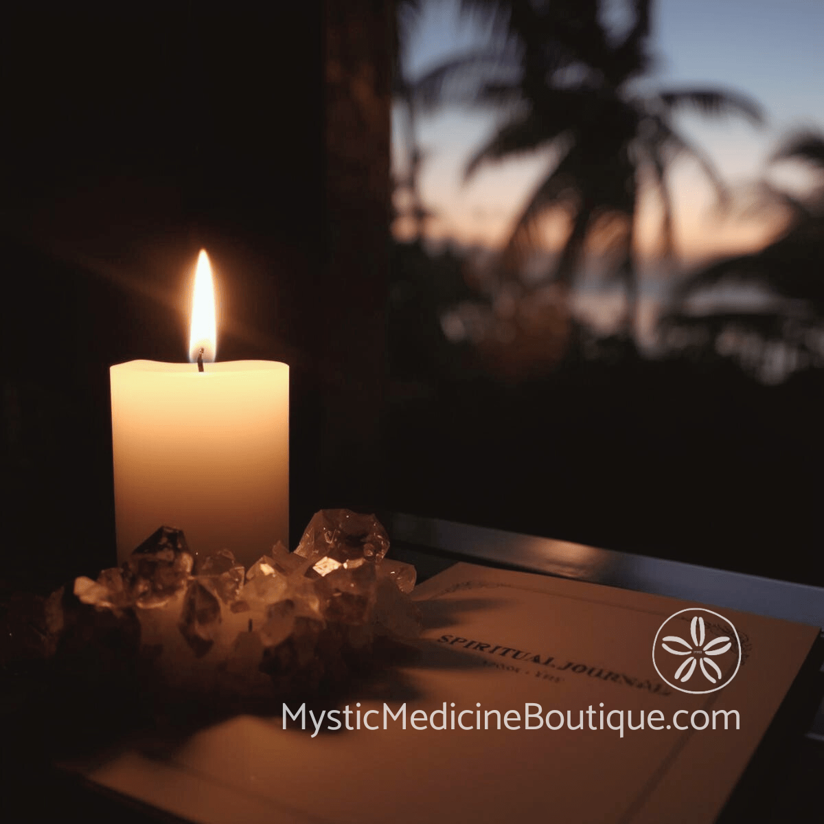 Faith crisis restoration with spiritual journal, amethyst crown chakra healing crystals, and candlelight for Dark Night of the Soul divine reconnection and angel communication in tropical sacred space