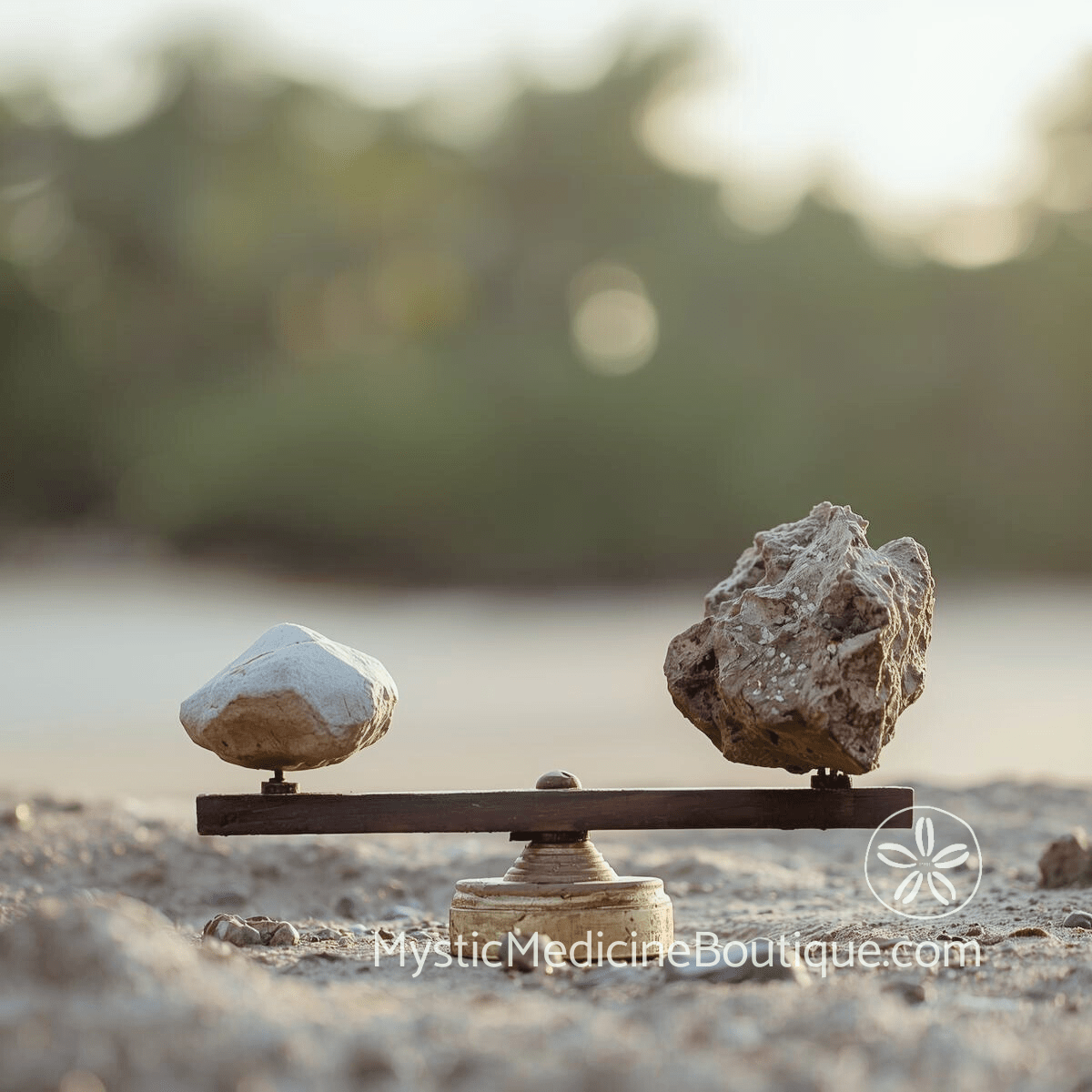 Rustic balance scale with a smooth stone on one side and a larger jagged rock on the other resting on sandy coastal ground, representing the difference between faith crisis and normal spiritual doubt