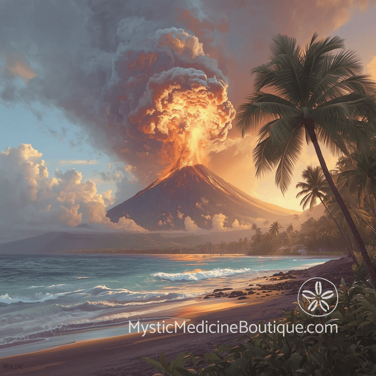 Volcano erupting over tropical beach at sunset — faith reckoning spiritual crisis when everything believed about God is questioned at once