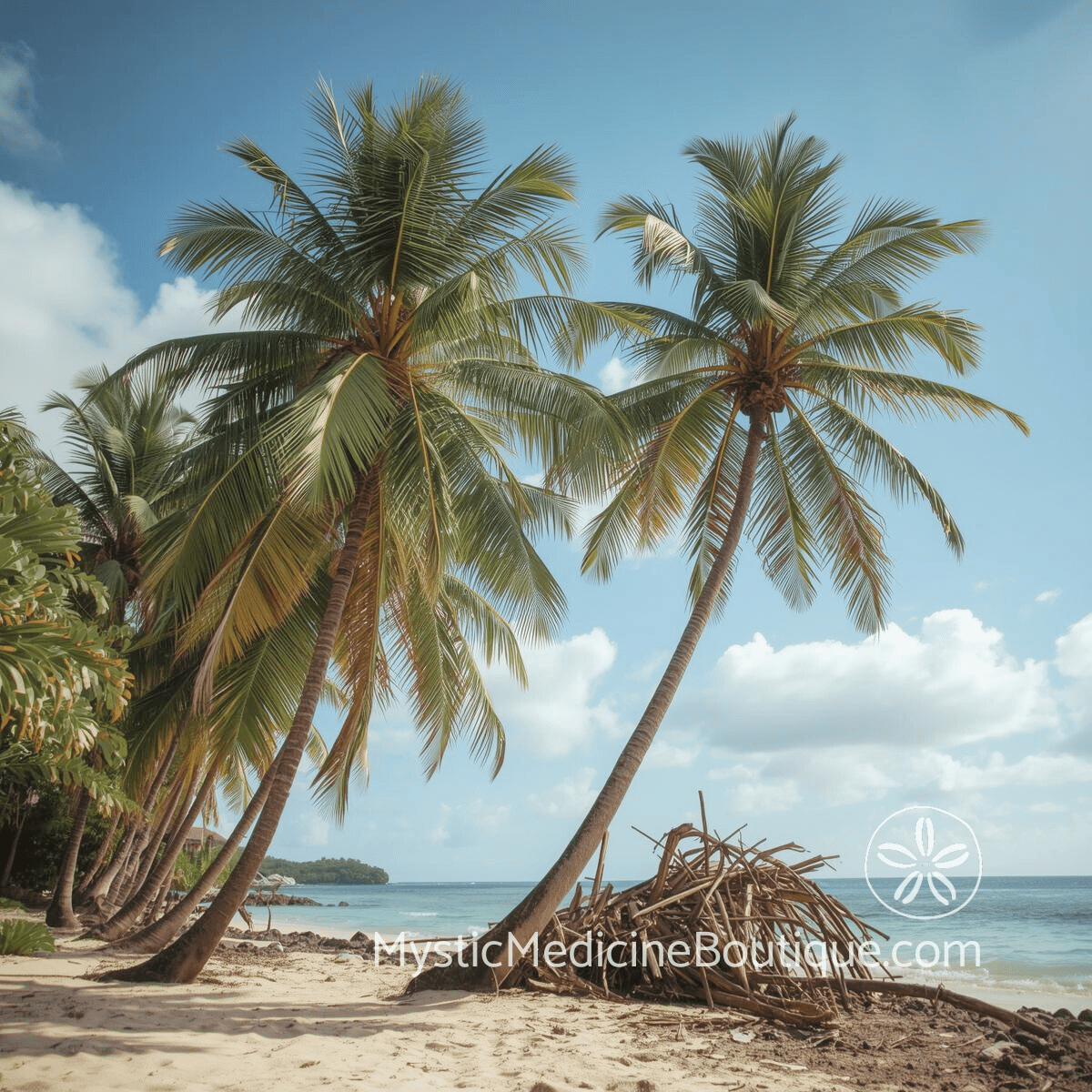 Wind-bent palms and driftwood on tropical beach representing the fractured foundation of family betrayal
