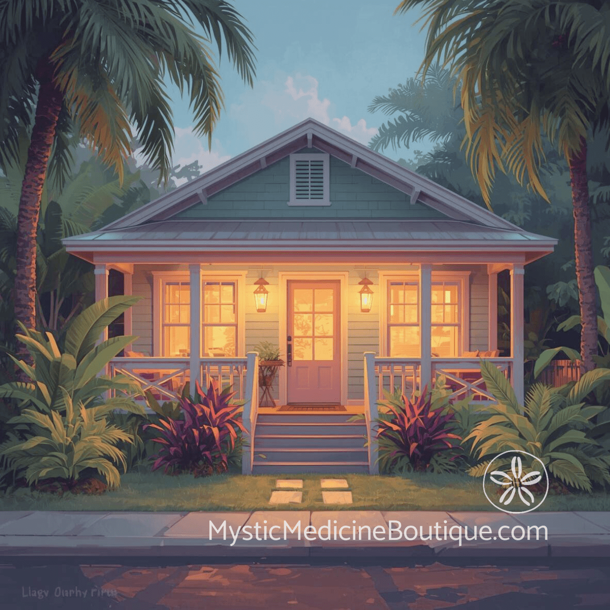 Glowing cottage with tropical palms at dusk representing safety and protection from family energy vampire dynamics