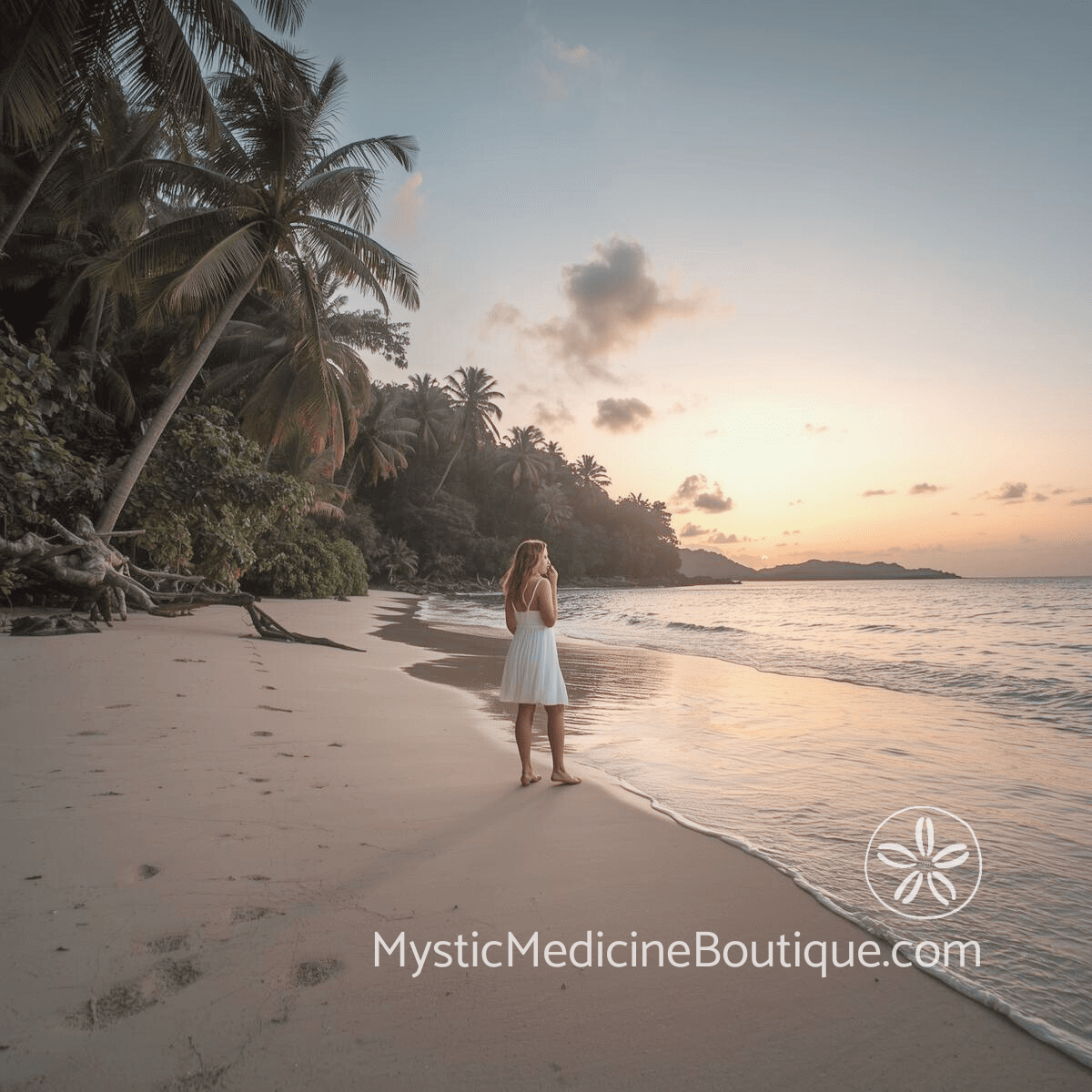 Woman on tropical beach at sunset representing empath protection during family gatherings and holiday stress