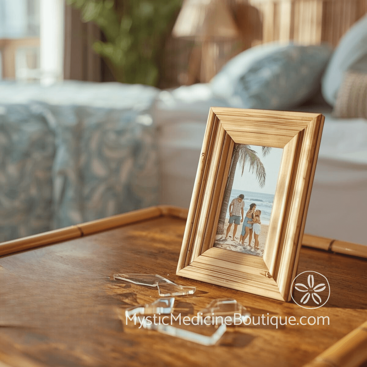 Family photo in wooden frame on bedside table — family reckoning spiritual crisis recognizing dysfunction you can no longer unsee