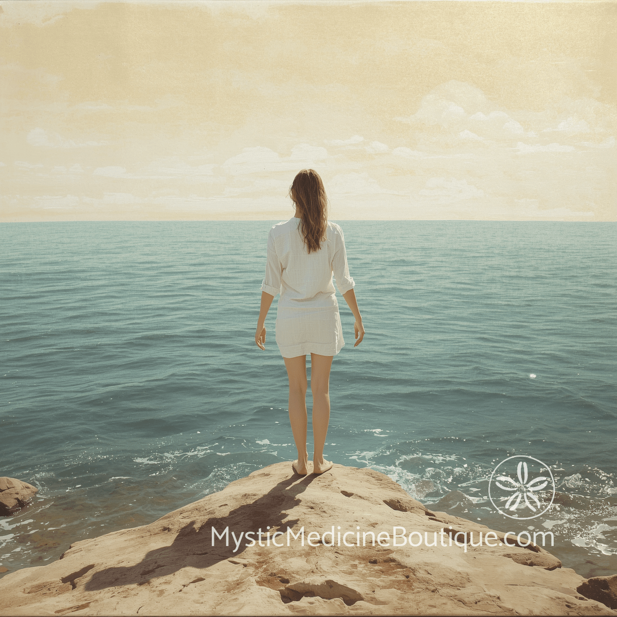 Woman standing on sun-warmed rock facing vast teal ocean representing finding steady ground when financial ruin shakes faith and purpose
