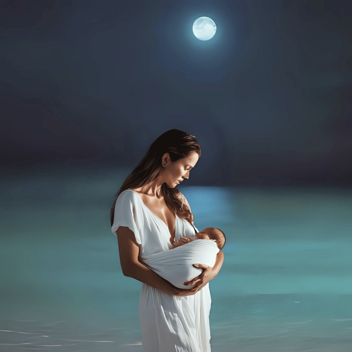 Mother in white dress holding newborn under a full moon over water representing the profound darkness and isolation of fourth trimester dark night of the soul