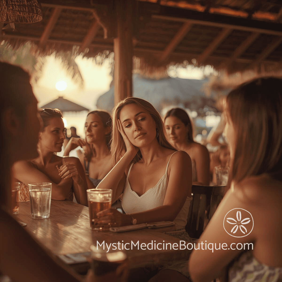 Women at outdoor bar at sunset representing friend energy vampires and draining social circle dynamics