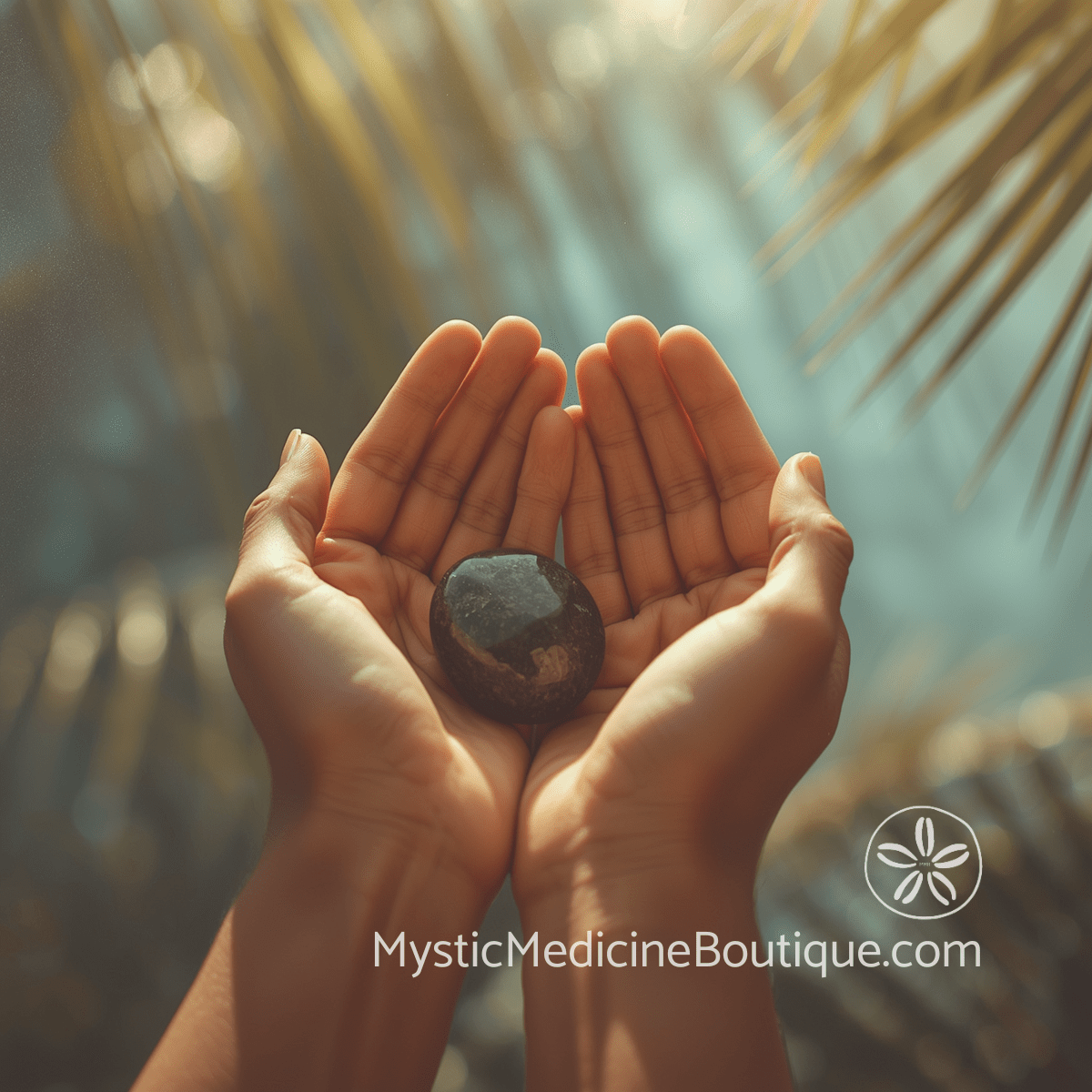 Two hands cupped together holding a dark protective crystal with blurred tropical palm leaves in background for spiritual balance during financial struggle