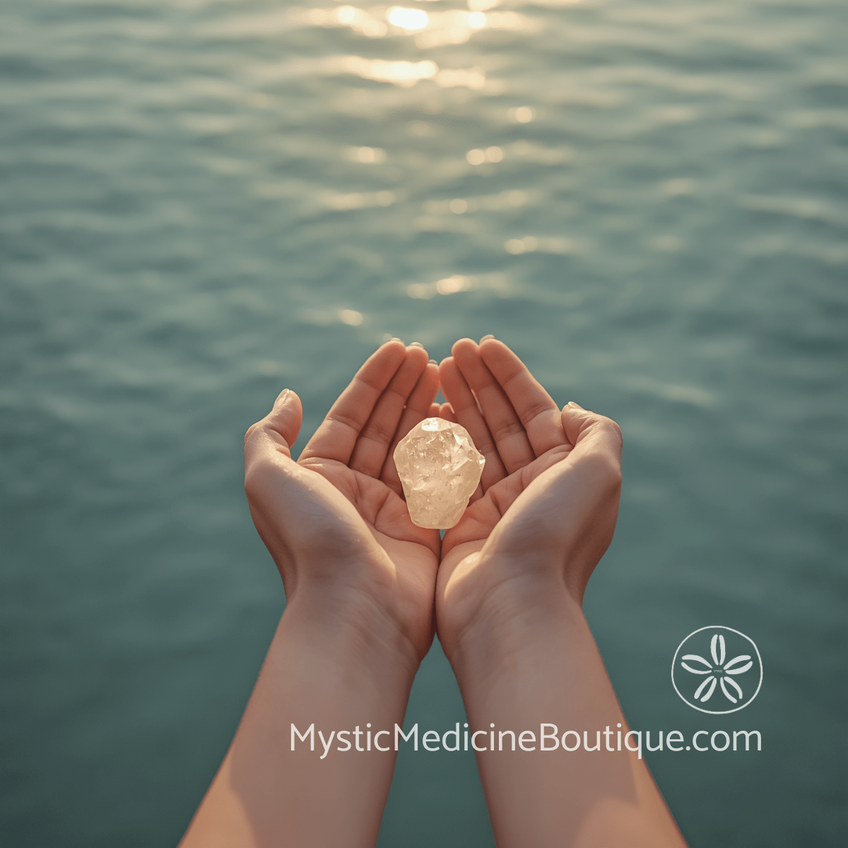 Hands cradling a glowing crystal over sunlit turquoise water — gentle daily rituals to prevent kundalini overwhelm