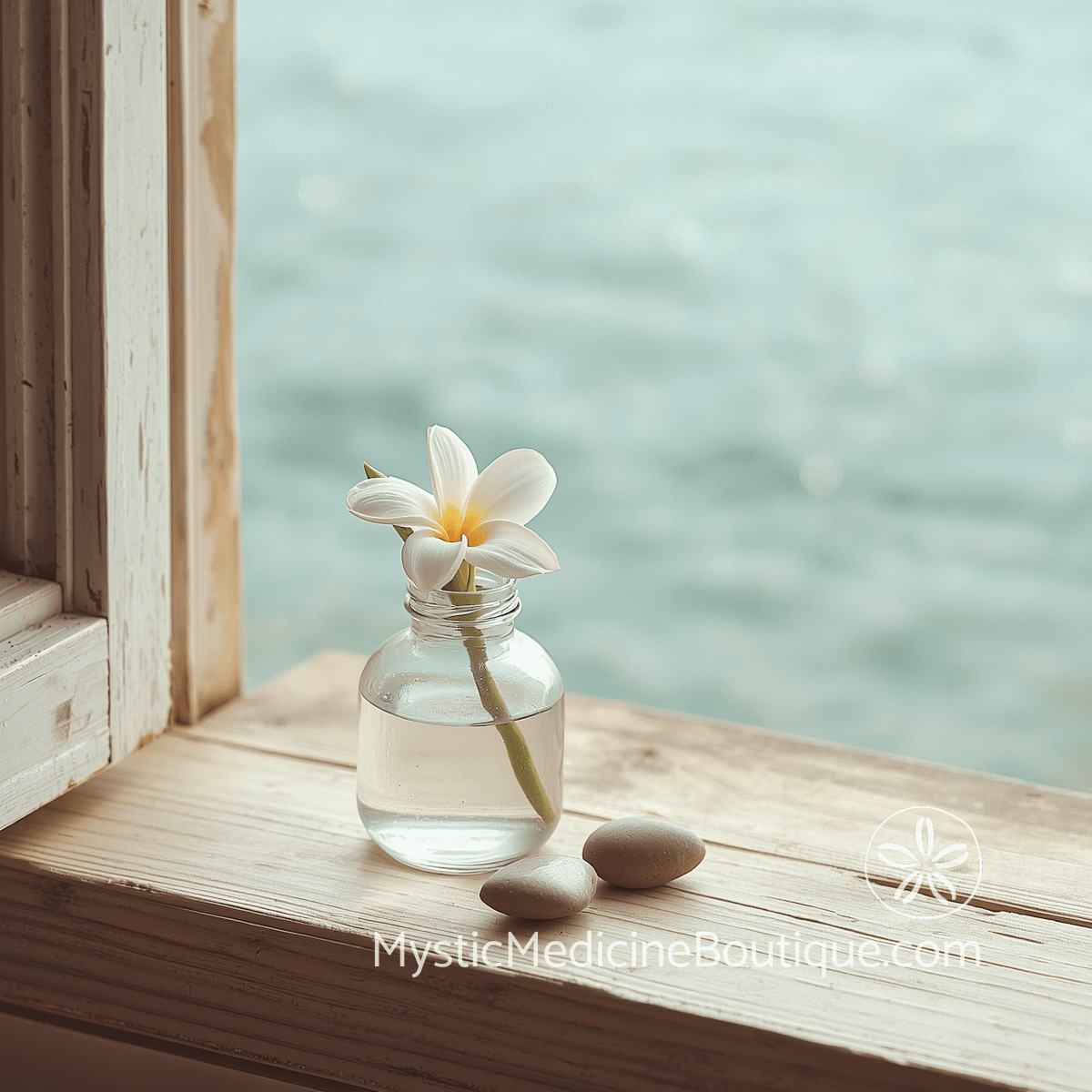White plumeria flower in glass jar on wooden windowsill overlooking teal ocean representing gentle practices for spiritual stability during financial ruin