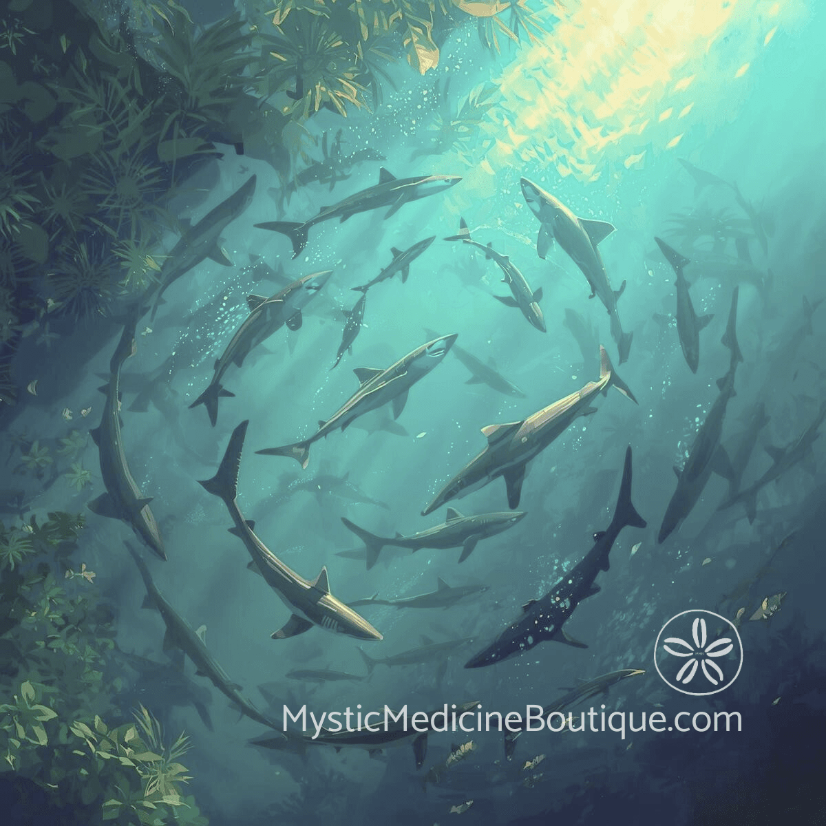 Sharks circling in spiral formation underwater representing group energy vampire collective drain dynamics