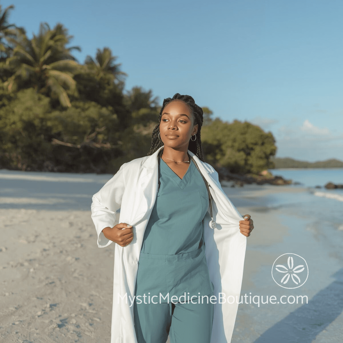 Healthcare worker in scrubs on tropical beach representing empath protection in hospital and clinic settings