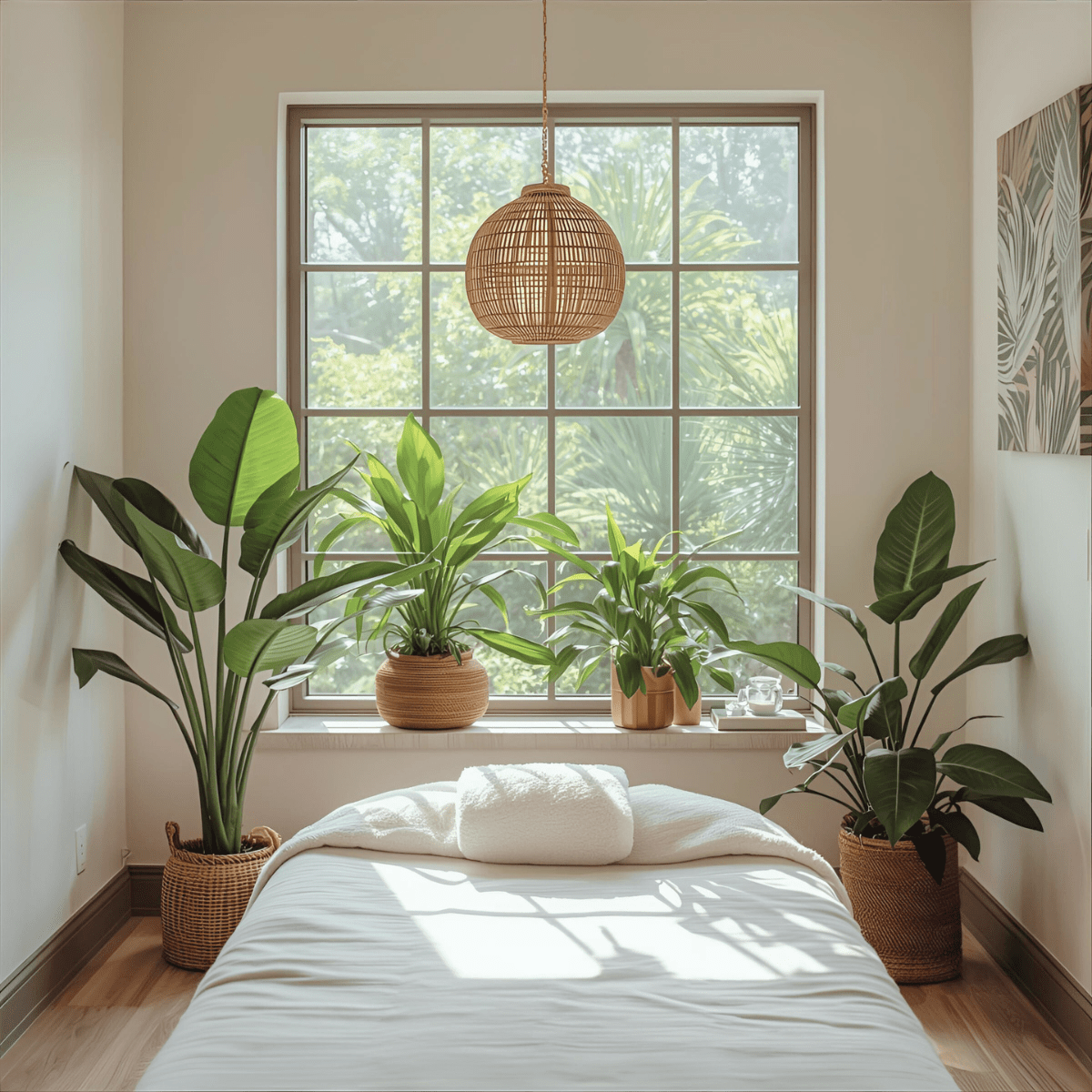 Serene healing room with natural light and tropical plants representing the grounded integrated approach to healthcare worker spiritual emergency support