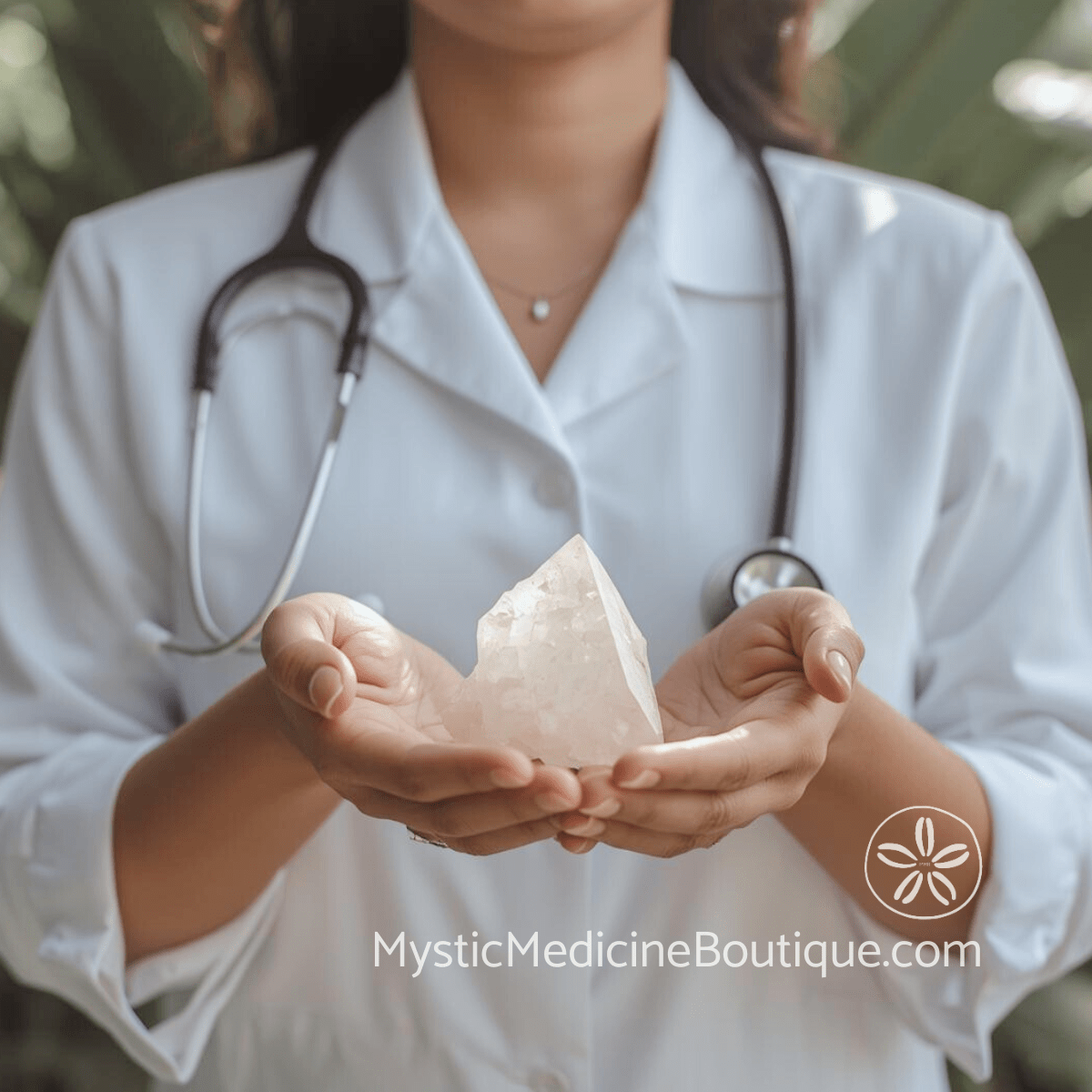 Nurse in white coat holding crystal representing heart chakra opening self-love integrated RN and Reiki Master approach