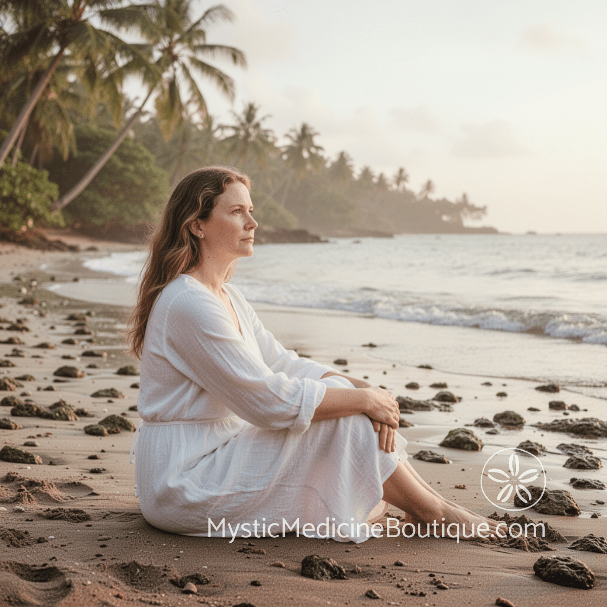 Woman sitting on tropical beach in white dress — self-assessment energy vampire patterns RN perspective