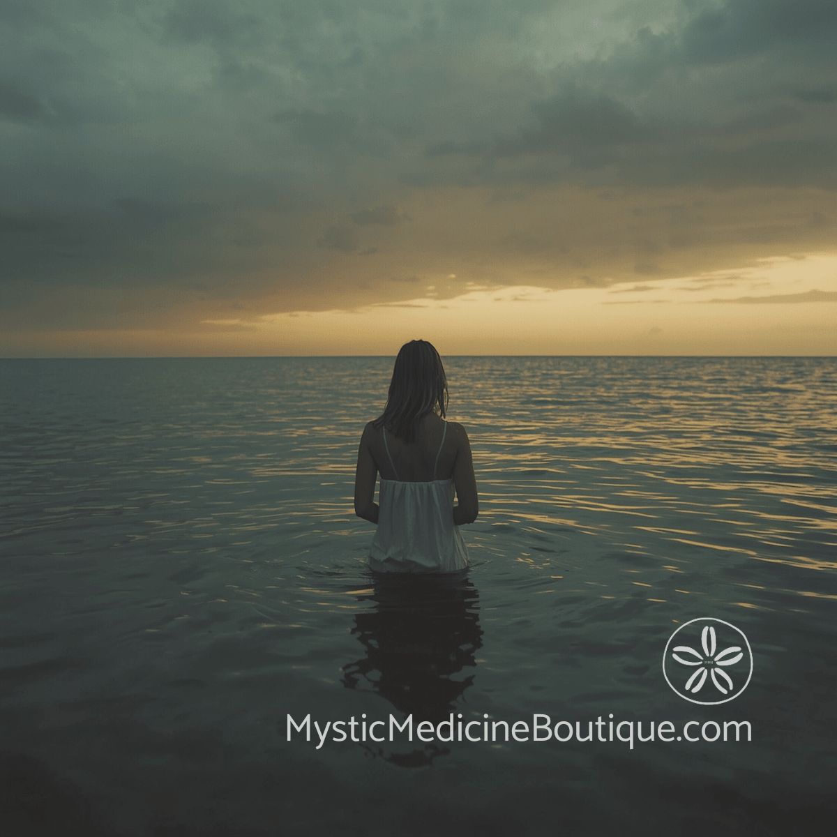 Woman standing alone in ocean at stormy sunset representing the moment financial ruin crosses into spiritual emergency