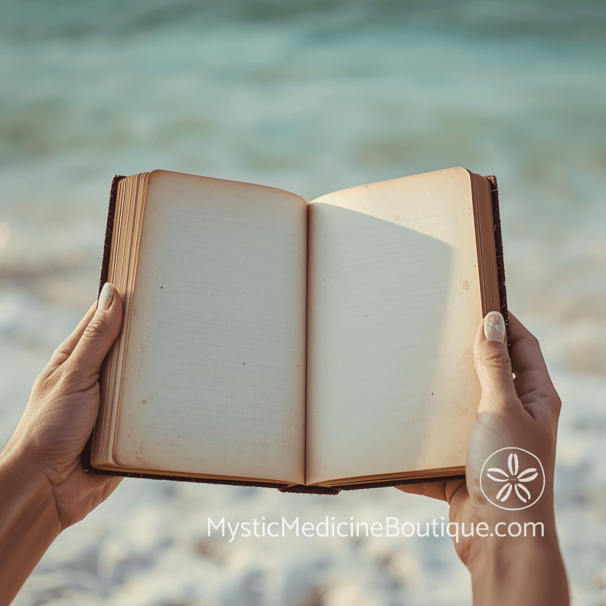 Hands holding open blank journal over tropical shoreline representing the hidden meaning and faith issues that financial ruin surfaces