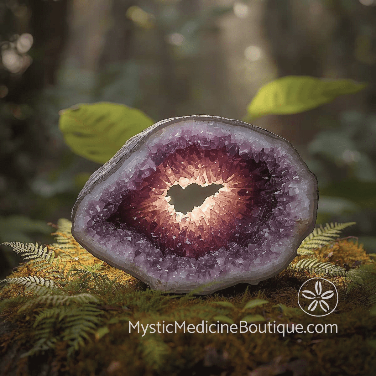 Illuminated amethyst geode on tropical forest moss surrounded by ferns, representing hidden shadow patterns triggered by illness and grief