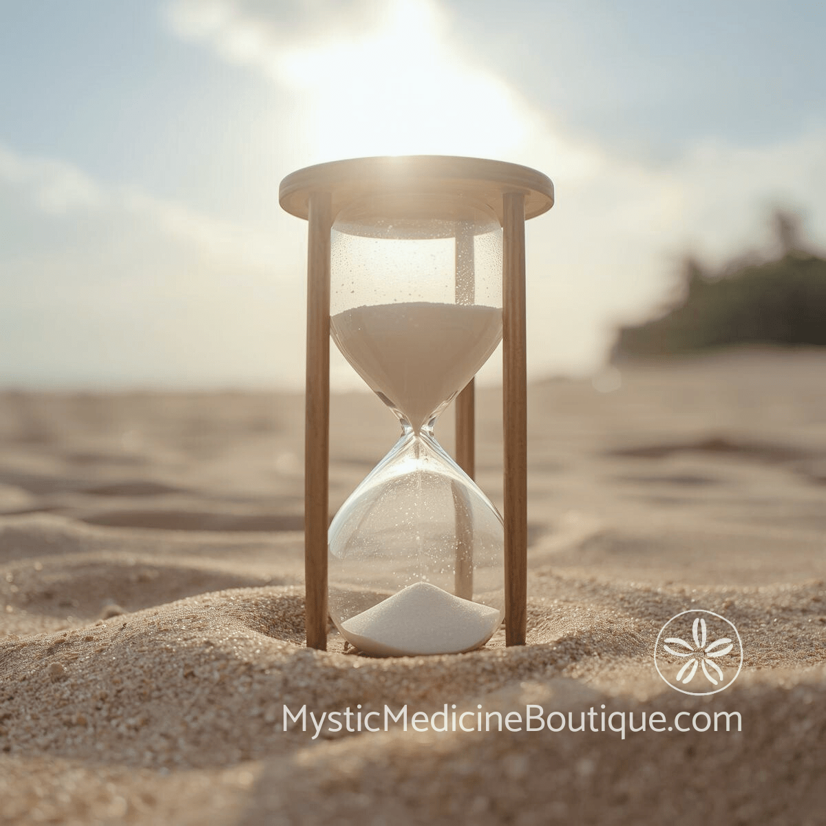 Wooden hourglass standing in beach sand with tropical coastal light and palm trees behind it, representing how long faith crisis lasts and why duration depends on individual factors not fixed timelines