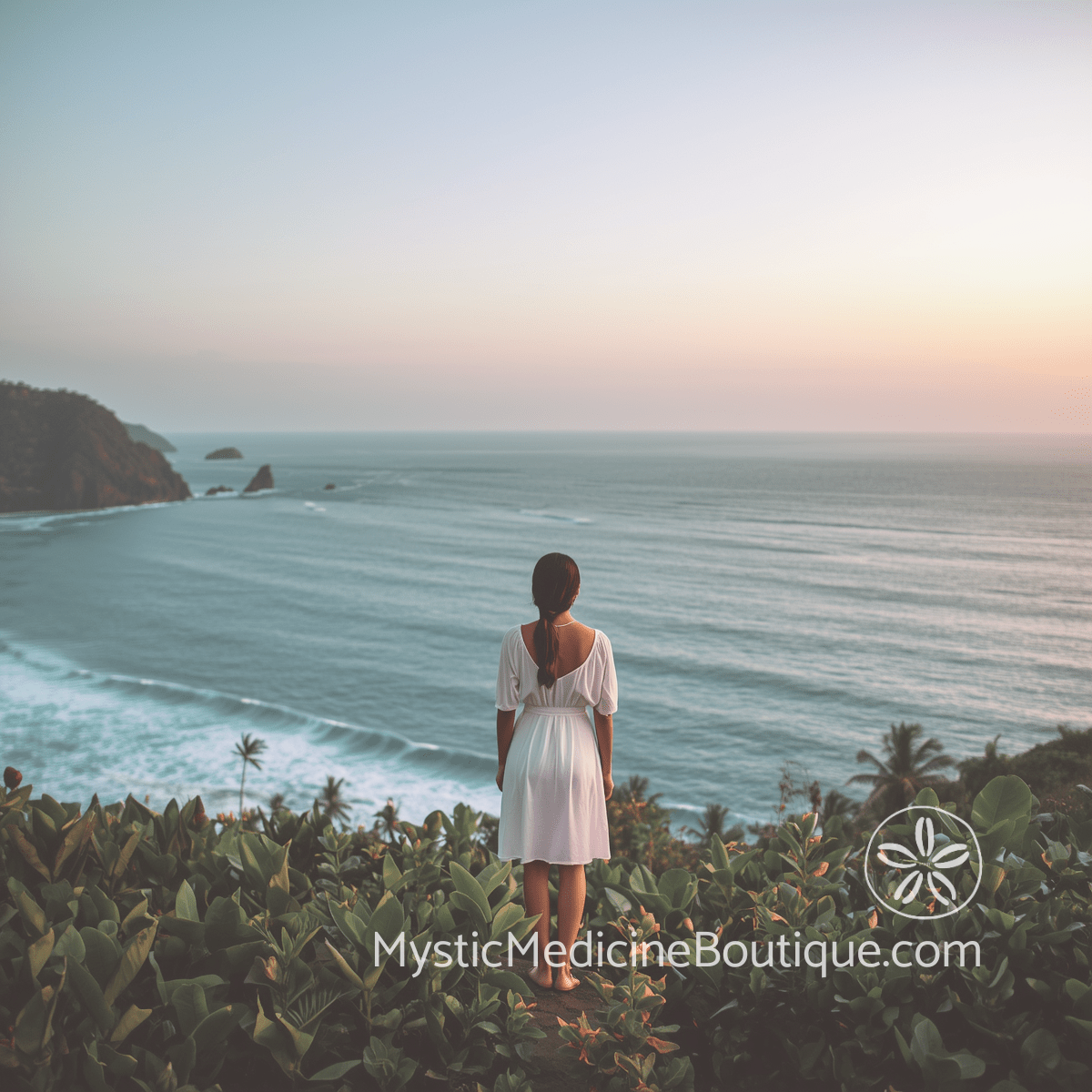 Woman in white dress standing on tropical coastal cliff overlooking vast ocean at dusk — how long does kundalini awakening last