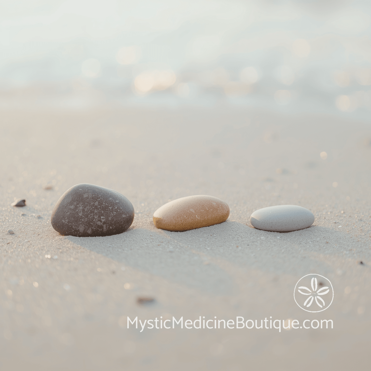Three smooth stones on pale sand at the shoreline — how lower chakra collapse makes spiritual emergency feel unsafe and overwhelming, explained by an RN Reiki Master