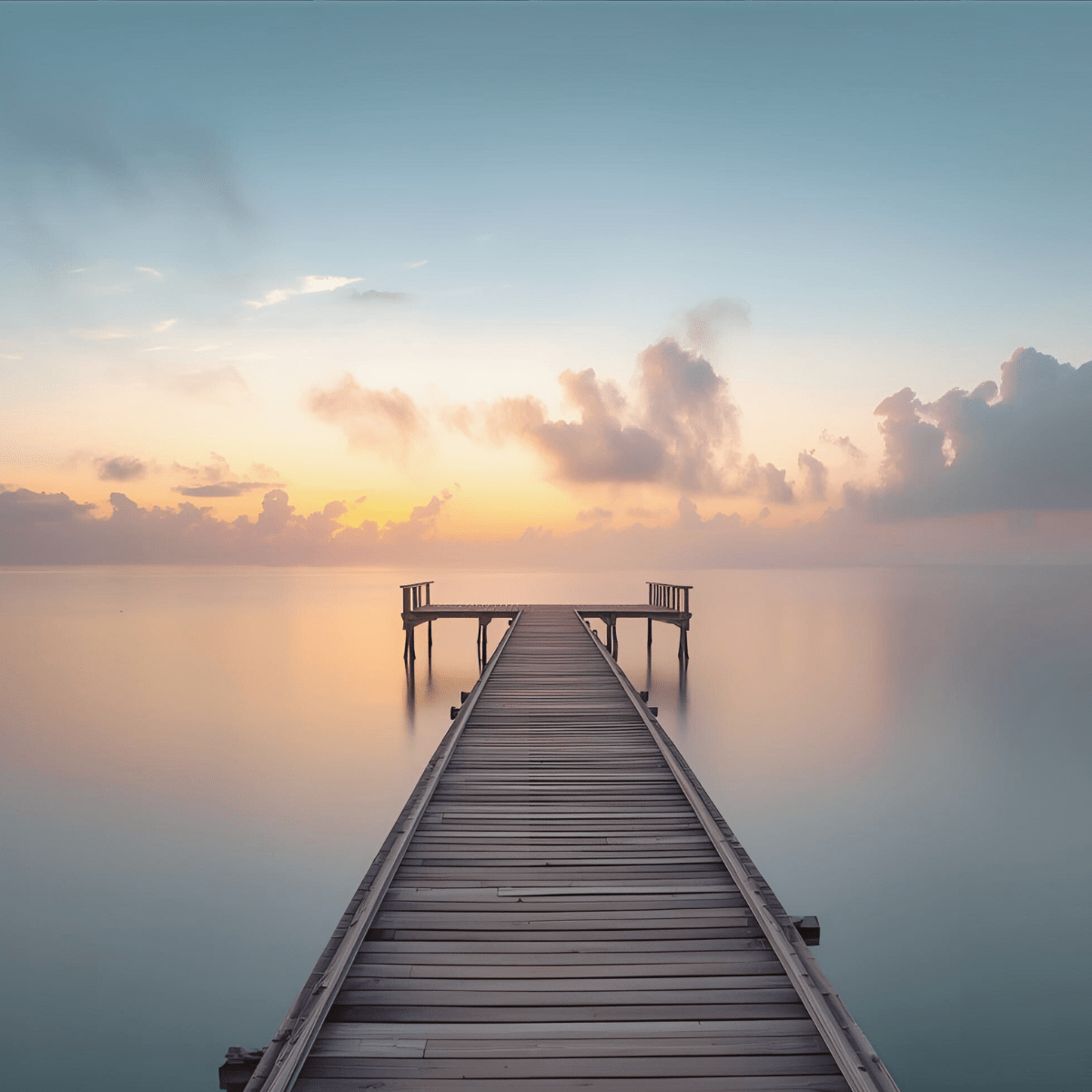 Wooden dock over calm water at sunset representing how men navigate spiritual emergency with seven concrete steps from an RN Reiki Master