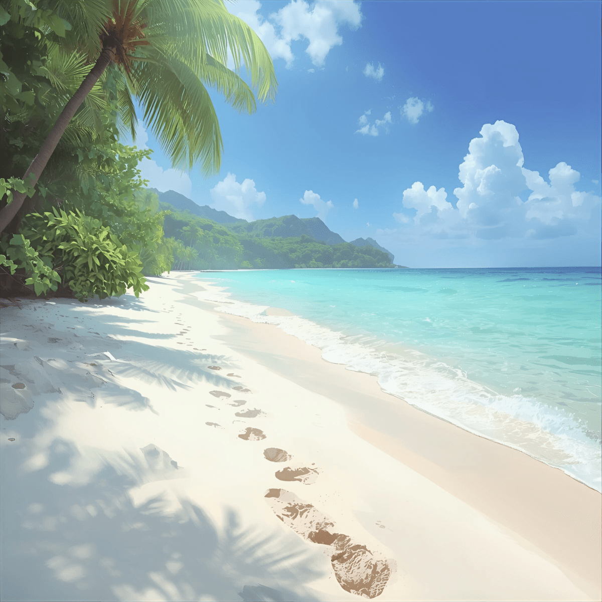 Footprints in white tropical sand with turquoise ocean representing the grounded forward path through nursing spiritual emergency