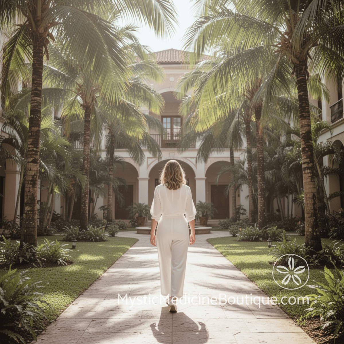 Woman walking through tropical courtyard alone — workplace energy vampire patterns RN Reiki Master explains