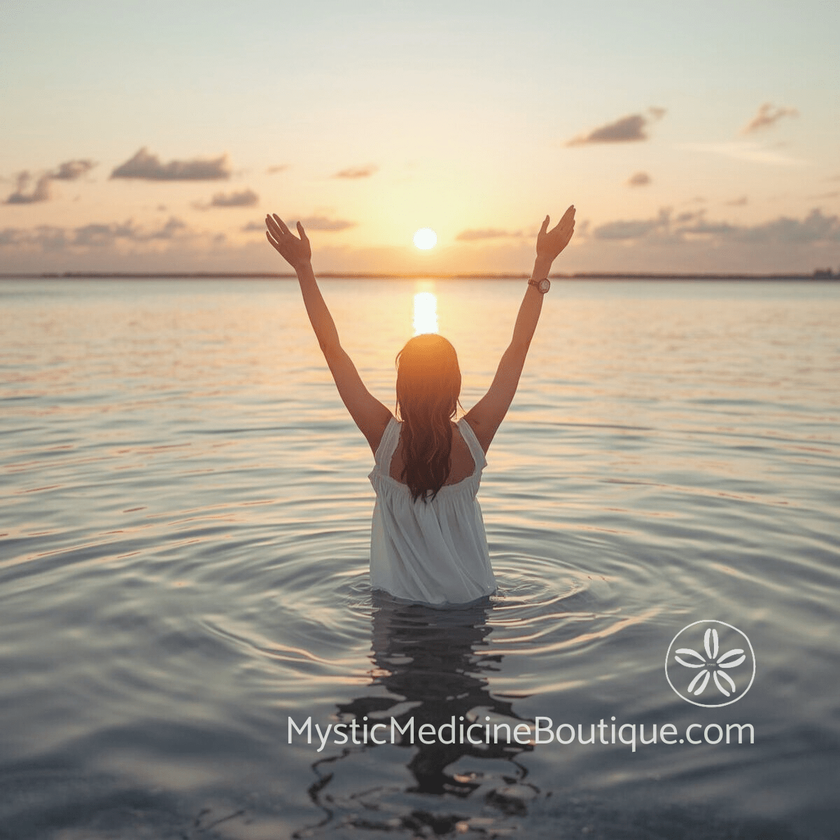 Woman in white dress standing waist-deep in calm ocean water with arms raised toward a golden sunrise, representing how to get out of a faith crisis through spiritual emergence and healing