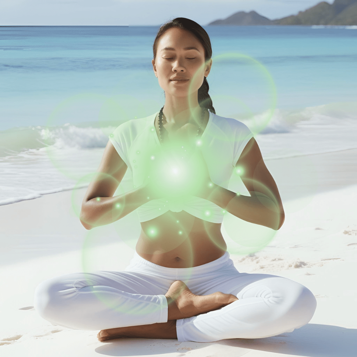 Woman in white meditating on tropical beach with green heart chakra light representing energetic healing and emotional recovery through heart chakra work