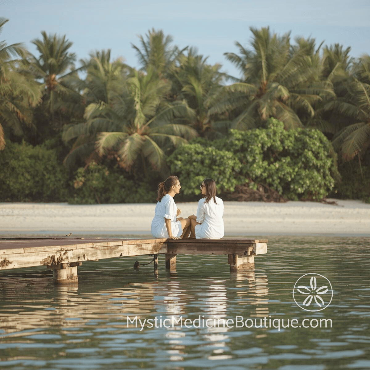Two women sitting on a dock surrounded by tropical palms — how to help a friend with energy vampires RN Reiki Master guide