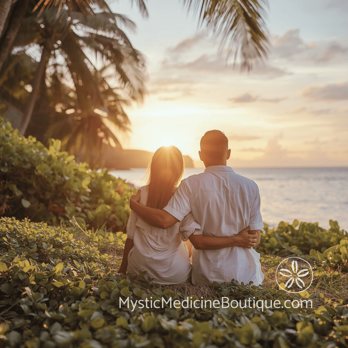Couple sitting together at tropical sunset — how to support your partner through family energy vampires RN Reiki Master guide